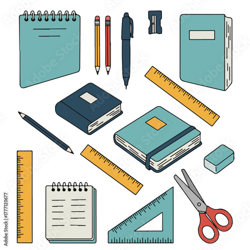 Illustration of assorted school supplies notebooks pencils pens rulers scissors eraser and a pencil sharpener