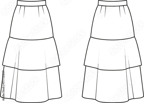 Cad drawing flat vector illustration of tiered maxi skirt front and back view, technical fashion design template for women clothing