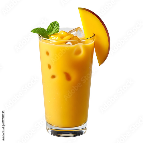 Yellow mango drink with ice mint and fruit slice image