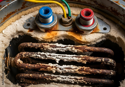 Heavily scaled electric water heater element replacement | Severe mineral deposit buildup on boiler heating coil | Limescale corrosion damage inside hot water tank 