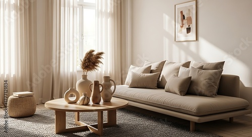 Elegant and serene living room interior featuring a comfortable beige sofa, wooden coffee table, and minimalist Japandi style decor with natural light