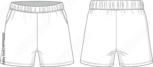 Cad drawing flat vector illustration of unisex elastic waist shorts with side pockets fashion technical flat sketch design template