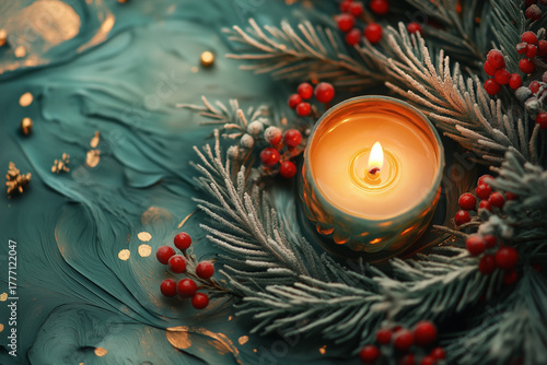 Festive Christmas Candle Surrounded by Pine Branches and Holly Leaves Warm Holiday Glow 