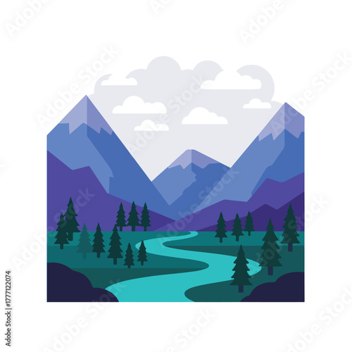 Wallpaper Mural Stylized landscape illustration featuring mountains a river trees and clouds Torontodigital.ca