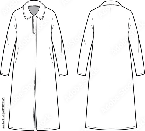 Long coat technical flat sketch, front and back view, classic collar, outerwear fashion cad drawing, vector template design