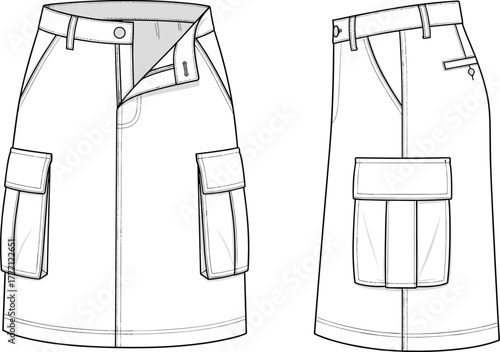 Cad drawing flat vector illustration of women cargo skirt with pocket design, waistband, zipper closure fashion technical sketch