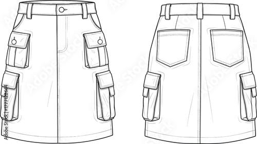 Cad drawing flat vector illustration of women cargo skirt front and back view, utility pocket mini skirt fashion technical template