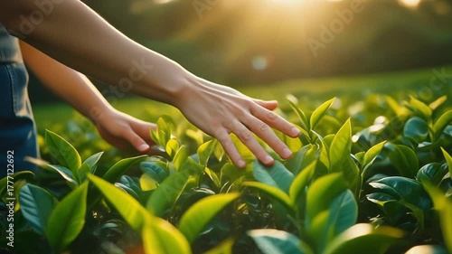 Close-up view of dew on vibrant green tea leaves, with sunlight filtering through the foliag