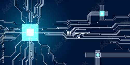 Abstract digital illustration of microchip board on snowflake shape on blue background. Technology concept image. Happy new year and merry christmas card.