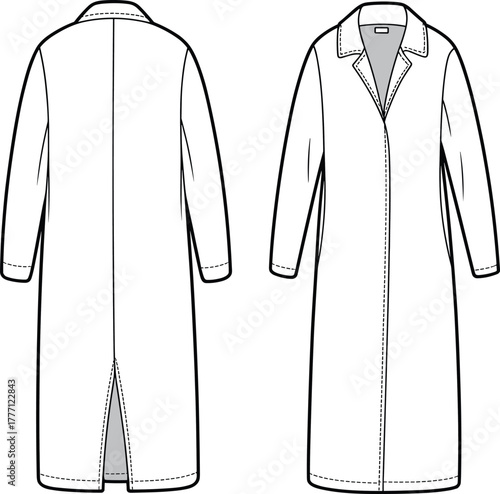 Long coat fashion technical drawing, front and back view, lapel collar, long sleeve outerwear, trench coat style, flat sketch
