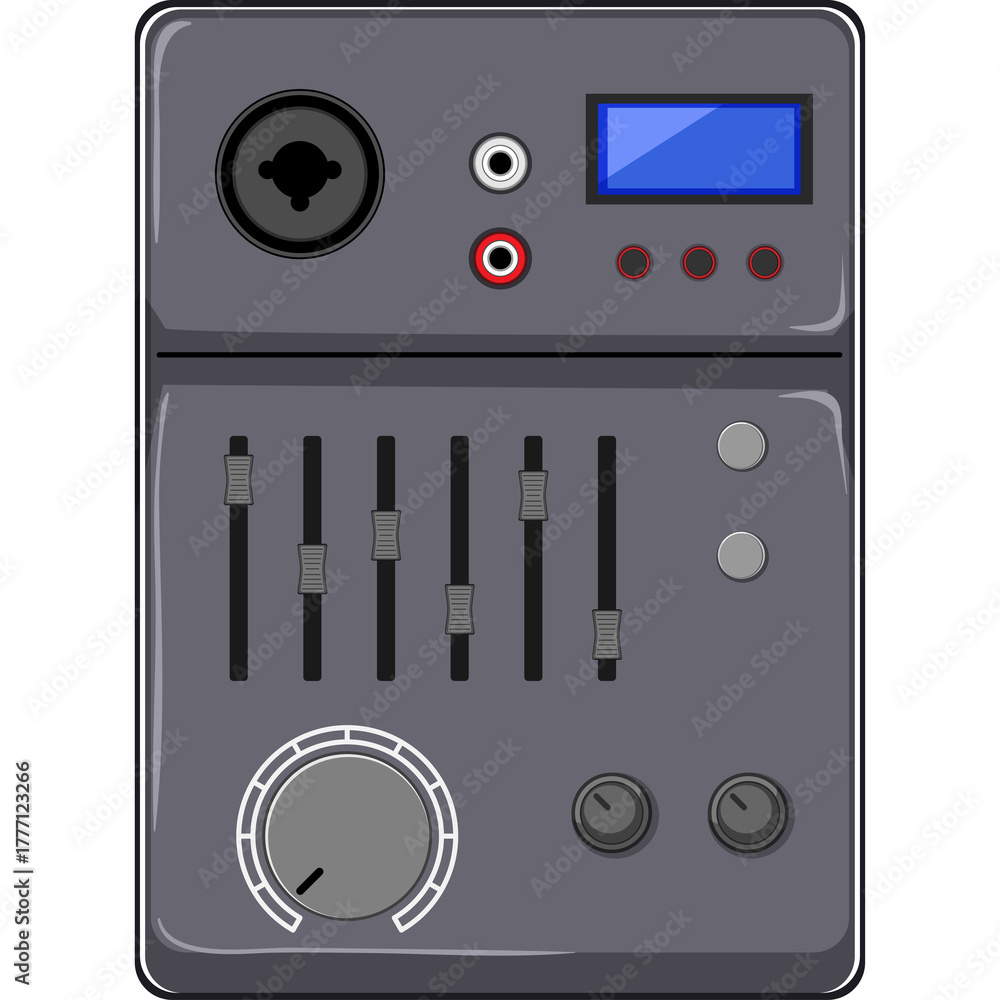 Fototapeta premium Retro Gray Audio Mixer With Blue Digital Display Slider Knobs and Input Jacks On Transparent Background