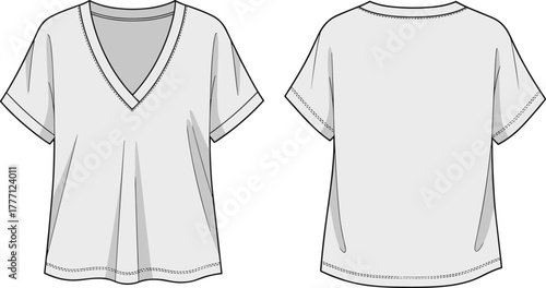 Cad drawing flat vector illustration of women v neck t-shirt front and back view, short sleeve top fashion design template