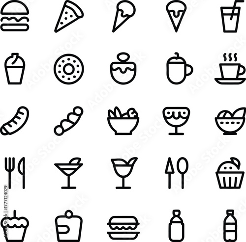 Set of Food and Drink Line Icons – Minimal Outline Vector Collection