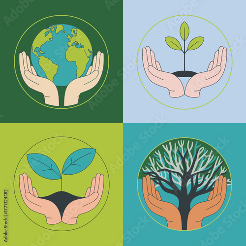 This image showcases hands gently holding the Earth and nurturing a small plant, symbolizing the unity of nature and care for our environment and future generations.