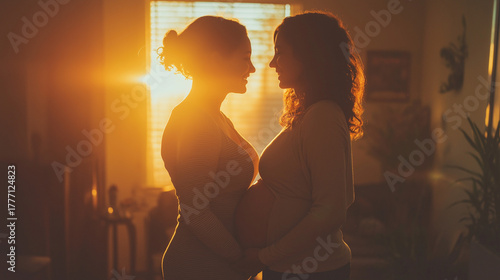 Warm Intimate Lesbian Couple Pregnancy Scene with Doula Support and Natural Light 