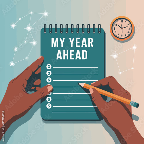 This image illustrates a hands holding a goal-setting notebook beside a clock and star constellations, emphasizing planning and aspirations for the coming year.