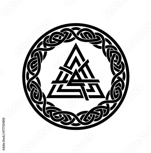 A striking black-and-white design features the Valknut, a symbol of three interlocked triangles, encircled by an intricate, continuous band of Norse knotwork