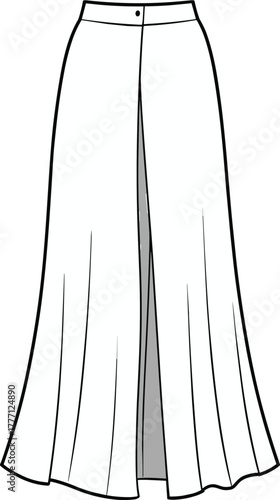 Long flowing skirt with front slit, high waist design, pleated style, feminine fashion, elegant clothing, flat design, vector illustration, cad drawing flat vector illustration