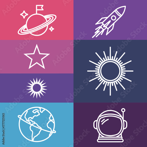 A collection of space-themed illustrations featuring a rocket, planets, stars, sun, and an astronaut helmet, perfect for capturing the essence of exploration and adventure.