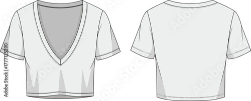 Cad drawing flat vector illustration of women’s deep v-neck cropped t-shirt with short sleeves front and back view