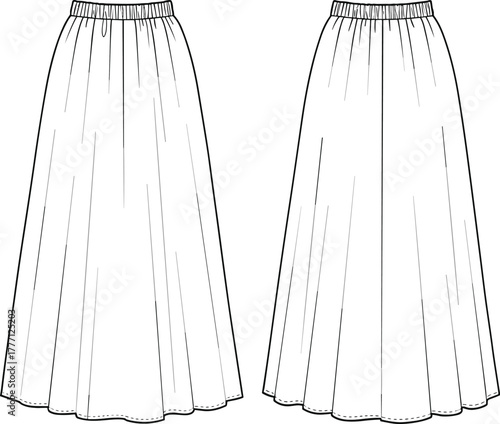 Long flowy skirt fashion flat, technical garment sketch, front and back view, elastic waistband detail, black and white CAD drawing
