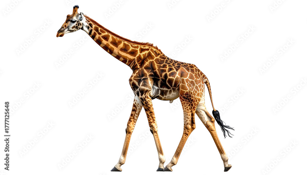 Fototapeta premium Giraffe struts with spots, legs, long neck on black background