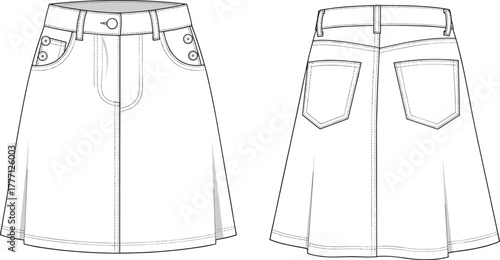 Cad drawing flat vector illustration of women’s denim skirt with front pockets, button details, back yoke, and fashionable stitching design