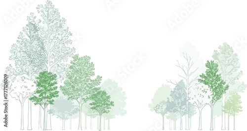 Sparse Tree Grouping in Pale Green Tones | Minimalist Forest Illustration for Backgrounds and Nature-Themed Design