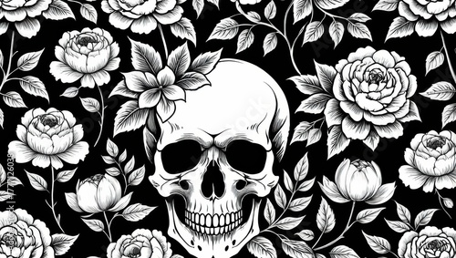 Stylized Skull Surrounded by Intricate Roses Against a Contrasting Black Background