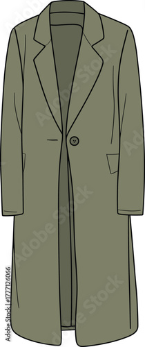 Long green overcoat, single button coat design, classic lapel collar, full sleeve winter outerwear, elegant fashion garment, stylish men’s coat