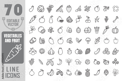 Set of 70 outline icons: fruits and vegetables for healthy eating and nutrition concepts