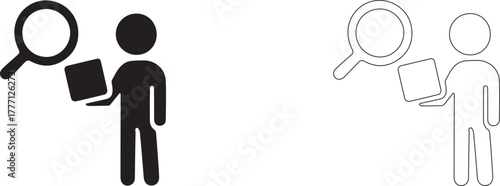 Magnifying glass over a person holding a box. Product search vector icon.