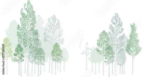 Forest of Trees with Watercolor Wash Effect | Green and Gray Sparse Woodland Illustration for Nature Backgrounds, Ecology Designs and Environmental Marketing