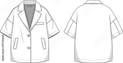 Cad drawing flat vector illustration of women’s short sleeve blazer jacket with lapel collar, front pockets, button closure and back view