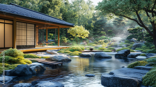 Traditional Japanese Tea House in Tranquil Garden Surrounded by Nature and Harmony 