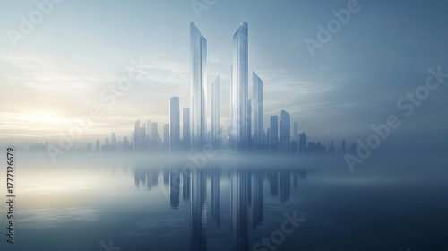 Futuristic Skyscraper Architecture with Reflective Water Surface and Innovative Design 