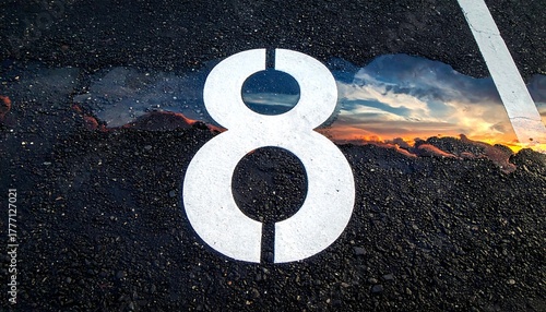 Fototapeta Naklejka Na Ścianę i Meble -  Close-up of black asphalt with a white numeral 8 painted on it. The number partially overlaps a small puddle reflecting a sunset