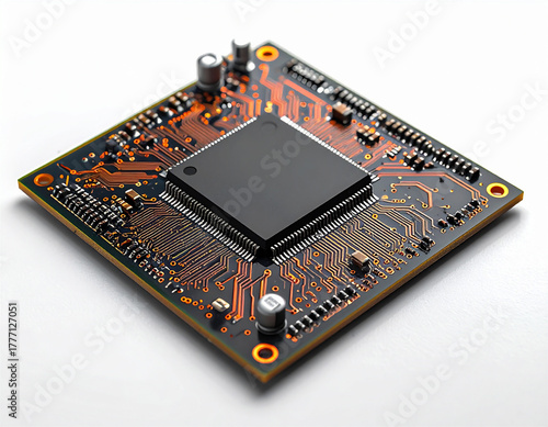 白い背景に置かれた電子回路基板とマイクロチップ。CPUや半導体など精密な電子部品を備えたテクノロジー・エンジニアリングの概念を表すクローズアップ写真