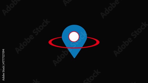 Blue Location Pin Icon with Red Swoosh on Black Background map marker navigation. Modern blue map pin icon with red swoosh emphasizing geolocation, navigation, and tracking systems.