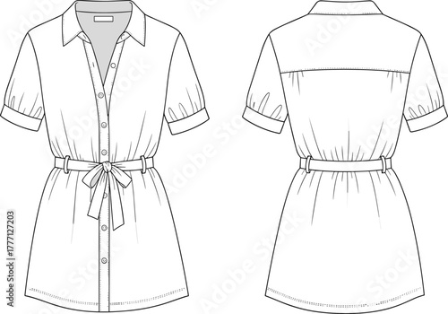 Cad drawing flat vector illustration of women’s short sleeve shirt dress with waist tie belt, button front and back view