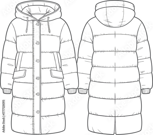 Long padded winter coat technical flat sketch, front and back views, hooded parka design, quilted stitching, insulated warm jacket