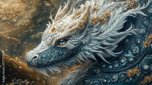 Detailed Mythical Creature Illustration with Intricate Patterns and Fantasy Elements 