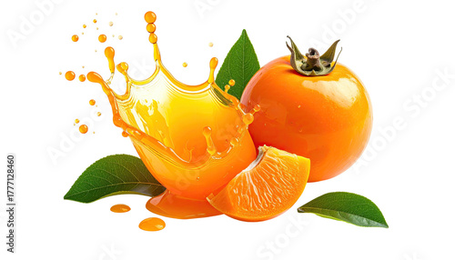 Persimmon still life with juice splash and leafy decorations