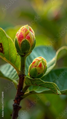 Close-up of two flower buds, transitioning in hues, with surrounding green foliage. Soft focus background, natural light illuminating details