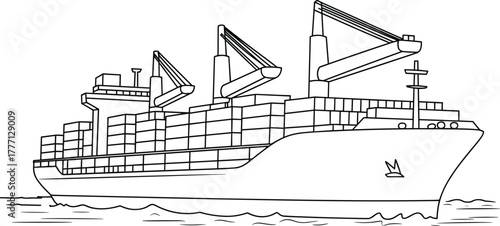 Large container cargo ship sailing on ocean water, transporting freight, global shipping, logistics, maritime vessel, industrial transport,