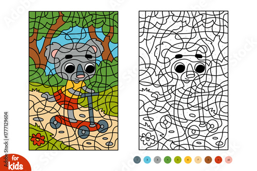 Color by number, education game for kids, Koala on a scooter. Educational activity game for preschool and kindergarten children about animals. 