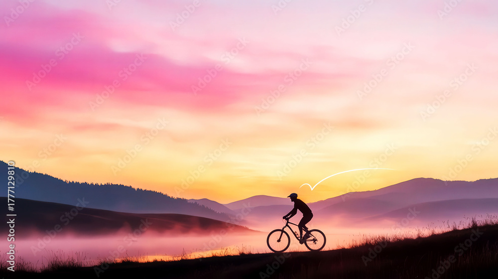 Fototapeta premium Cyclist riding along a riverbank at dawn, heartbeat line in the clouds, symbolizing cycling's rhythm with nature