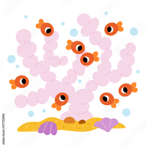 Cute pink corals and kawaii little fish. Flat vector characters on white background for kids designs about sea and ocean and for educational materials.