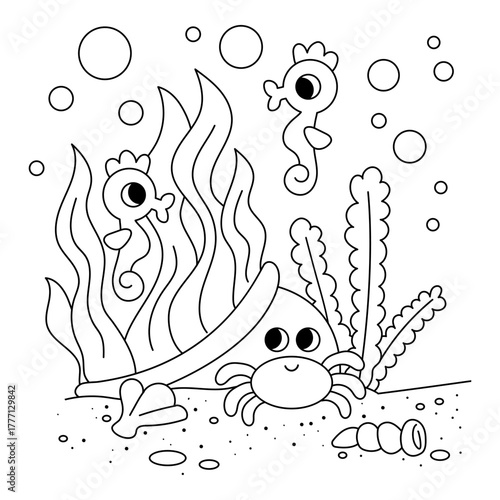Black and white underwater vase with plants and animals. Cute seahorses and crab at the bottom of the sea. Line art for ocean themed coloring books and educational worksheets