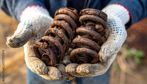 Close-up of two rusty metal springs held in gloved hands, showcasing age and industrial decay with a blurred background